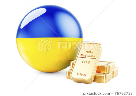 Golden ingots with Ukrainian flag. Foreign-exchange reserves of Ukraine concept. 3D rendering Golden ingots with Ukrainian flag. Foreign-exchange reserves of Ukraine concept. 3D rendering 76792732