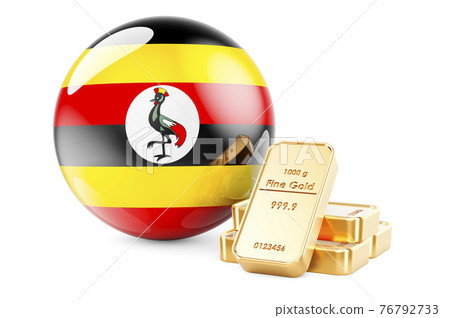 Golden ingots with Ugandan flag. Foreign-exchange reserves of Uganda concept. 3D rendering Golden ingots with Ugandan flag. Foreign-exchange reserves of Uganda concept. 3D rendering 76792733