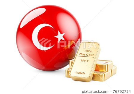 Golden ingots with Turkish flag. Foreign-exchange reserves of Turkey concept. 3D rendering Golden ingots with Turkish flag. Foreign-exchange reserves of Turkey concept. 3D rendering 76792734