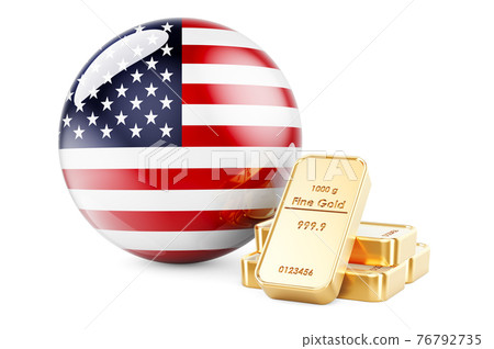 Golden ingots with The United States flag. Foreign-exchange reserves of the USA concept. 3D rendering Golden ingots with The United States flag. Foreign-exchange reserves of the USA concept. 3D rendering 76792735