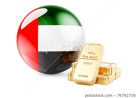 Golden ingots with the United Arab Emirates flag. Foreign-exchange reserves of the UAE concept. 3D rendering Golden ingots with the United Arab Emirates flag. Foreign-exchange reserves of the UAE concept. 3D rendering 76792736