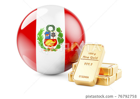 Golden ingots with Peruvian flag. Foreign-exchange reserves of Peru concept. 3D rendering Golden ingots with Peruvian flag. Foreign-exchange reserves of Peru concept. 3D rendering 76792758