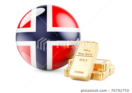 Golden ingots with Norwegian flag. Foreign-exchange reserves of Norway concept. 3D rendering Golden ingots with Norwegian flag. Foreign-exchange reserves of Norway concept. 3D rendering 76792759