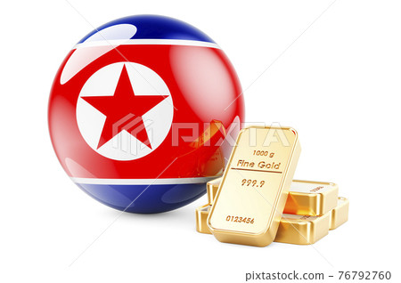 Golden ingots with North Korean flag. Foreign-exchange reserves of North Korea concept. 3D rendering 76792760