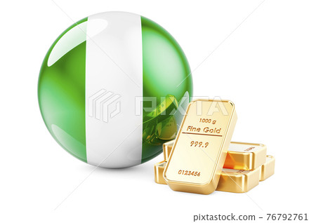 Golden ingots with Nigerian flag. Foreign-exchange reserves of Nigeria concept. 3D rendering Golden ingots with Nigerian flag. Foreign-exchange reserves of Nigeria concept. 3D rendering 76792761