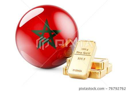Golden ingots with Moroccan flag. Foreign-exchange reserves of Morocco concept. 3D rendering Golden ingots with Moroccan flag. Foreign-exchange reserves of Morocco concept. 3D rendering 76792762