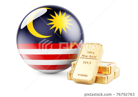 Golden ingots with Malaysian flag. Foreign-exchange reserves of Malaysia concept. 3D rendering Golden ingots with Malaysian flag. Foreign-exchange reserves of Malaysia concept. 3D rendering 76792763