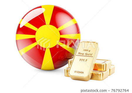 Golden ingots with Macedonian flag. Foreign-exchange reserves of Macedonia concept. 3D rendering 76792764