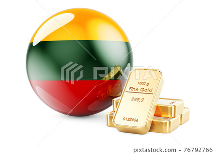 Golden ingots with Lithuanian flag. Foreign-exchange reserves of Lithuania concept. 3D rendering Golden ingots with Lithuanian flag. Foreign-exchange reserves of Lithuania concept. 3D rendering 76792766