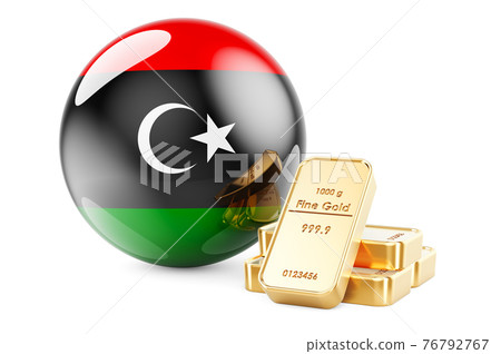 Golden ingots with Libyan flag. Foreign-exchange reserves of Libya concept. 3D rendering Golden ingots with Libyan flag. Foreign-exchange reserves of Libya concept. 3D rendering 76792767