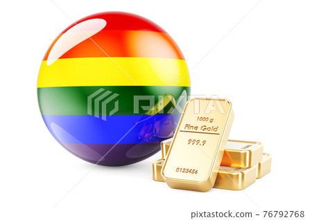Golden ingots with LGBT rainbow flag, 3D rendering Golden ingots with LGBT rainbow flag, 3D rendering 76792768