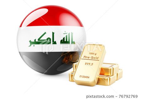 Golden ingots with Iraqi flag. Foreign-exchange reserves of Iraq concept. 3D rendering Golden ingots with Iraqi flag. Foreign-exchange reserves of Iraq concept. 3D rendering 76792769