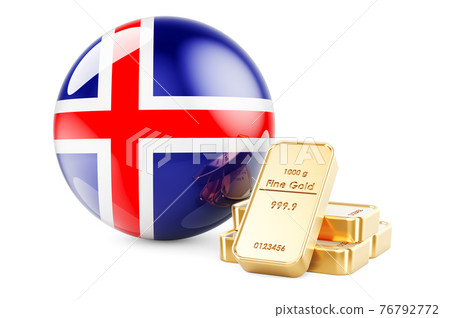Golden ingots with Icelandic flag. Foreign-exchange reserves of Iceland concept. 3D rendering 76792772