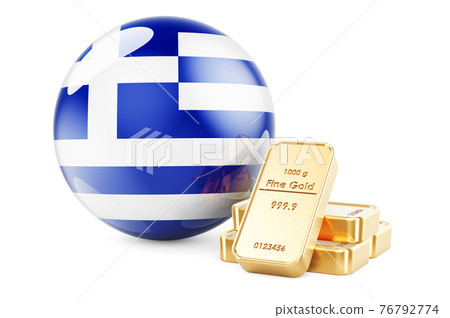 Golden ingots with Greek flag. Foreign-exchange reserves of Greece concept. 3D rendering Golden ingots with Greek flag. Foreign-exchange reserves of Greece concept. 3D rendering 76792774
