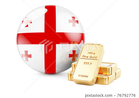 Golden ingots with Georgian flag. Foreign-exchange reserves of Georgia concept. 3D rendering Golden ingots with Georgian flag. Foreign-exchange reserves of Georgia concept. 3D rendering 76792776
