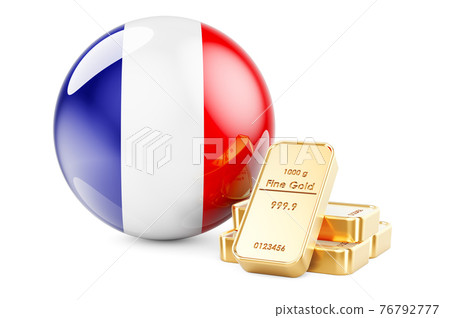 Golden ingots with French flag. Foreign-exchange reserves of France concept. 3D rendering Golden ingots with French flag. Foreign-exchange reserves of France concept. 3D rendering 76792777