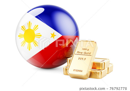 Golden ingots with Filipino flag. Foreign-exchange reserves of Philippines concept. 3D rendering 76792778