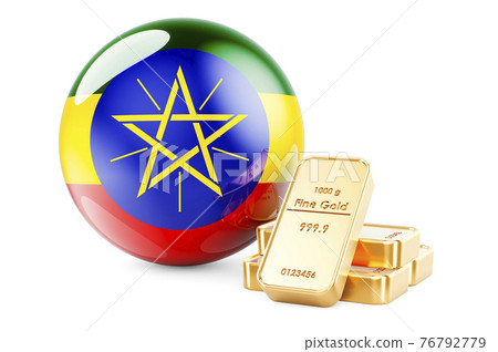 Golden ingots with Ethiopian flag. Foreign-exchange reserves of Ethiopia concept. 3D rendering Golden ingots with Ethiopian flag. Foreign-exchange reserves of Ethiopia concept. 3D rendering 76792779
