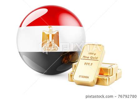 Golden ingots with Egyptian flag. Foreign-exchange reserves of Egypt concept. 3D rendering 76792780