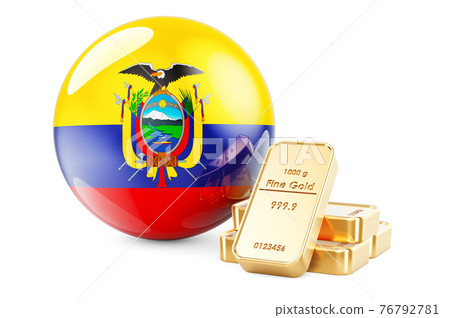 Golden ingots with Ecuadorian flag. Foreign-exchange reserves of Ecuador concept. 3D rendering 76792781