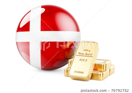 Golden ingots with Danish flag. Foreign-exchange reserves of Denmark concept. 3D rendering Golden ingots with Danish flag. Foreign-exchange reserves of Denmark concept. 3D rendering 76792782