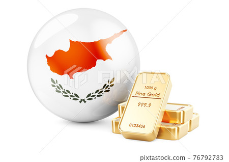 Golden ingots with Cypriot flag. Foreign-exchange reserves of Cyprus concept. 3D rendering 76792783