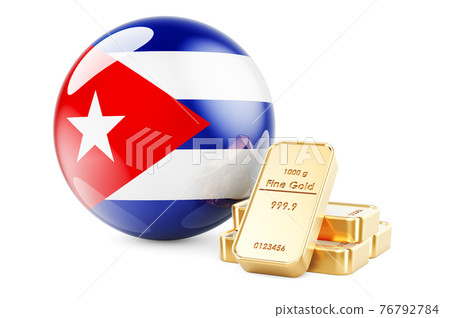 Golden ingots with Cuban flag. Foreign-exchange reserves of Cuba concept. 3D rendering 76792784