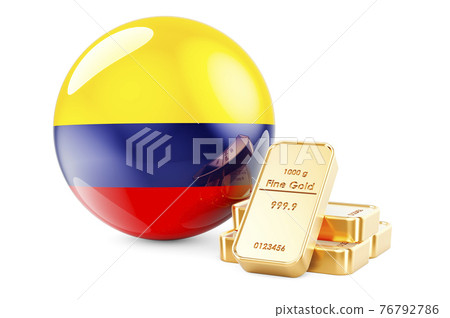 Golden ingots with Colombian flag. Foreign-exchange reserves of Colombia concept. 3D rendering Golden ingots with Colombian flag. Foreign-exchange reserves of Colombia concept. 3D rendering 76792786