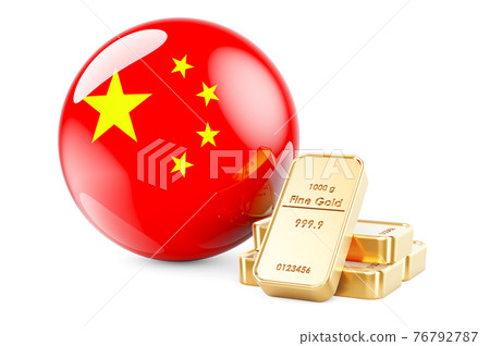 Golden ingots with Chinese flag. Foreign-exchange reserves of China concept. 3D rendering 76792787