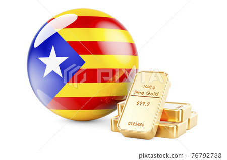 Golden ingots with Catalan flag. Foreign-exchange reserves of Catalonia concept. 3D rendering 76792788