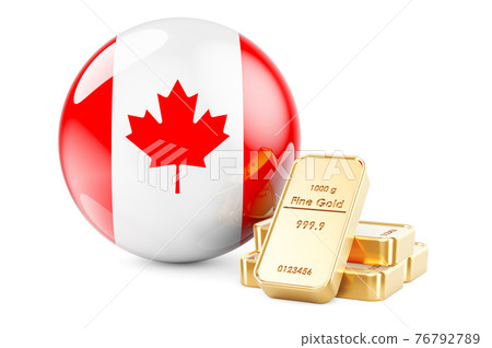Golden ingots with Canadian flag. Foreign-exchange reserves of Canada concept. 3D rendering Golden ingots with Canadian flag. Foreign-exchange reserves of Canada concept. 3D rendering 76792789