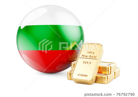 Golden ingots with Bulgarian flag. Foreign-exchange reserves of Bulgaria concept. 3D rendering Golden ingots with Bulgarian flag. Foreign-exchange reserves of Bulgaria concept. 3D rendering 76792790
