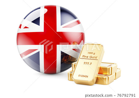 Golden ingots with British flag. Foreign-exchange reserves of the Great Britain concept. 3D rendering Golden ingots with British flag. Foreign-exchange reserves of the Great Britain concept. 3D rendering 76792791