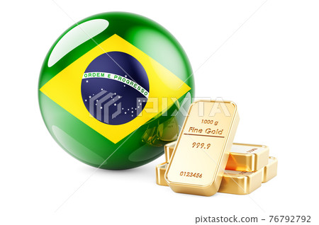 Golden ingots with Brazilian flag. Foreign-exchange reserves of Brazil concept. 3D rendering Golden ingots with Brazilian flag. Foreign-exchange reserves of Brazil concept. 3D rendering 76792792