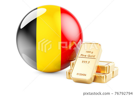 Golden ingots with Belgian flag. Foreign-exchange reserves of Belgium concept. 3D rendering Golden ingots with Belgian flag. Foreign-exchange reserves of Belgium concept. 3D rendering 76792794