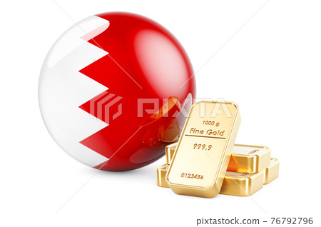 Golden ingots with Bahraini flag. Foreign-exchange reserves of Bahrain concept. 3D rendering 76792796