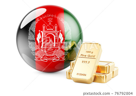 Golden ingots with Afghan flag. Foreign-exchange reserves of Afghanistan concept. 3D rendering 76792804