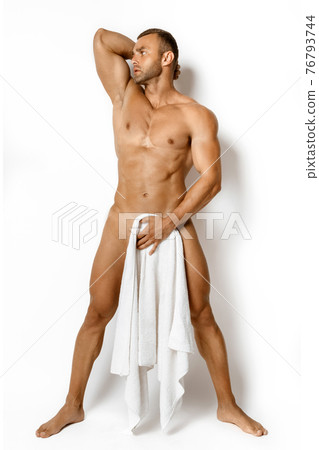 Sexy sport muscle fit strongface guy with white towel on whiteisolated  font background  76793744