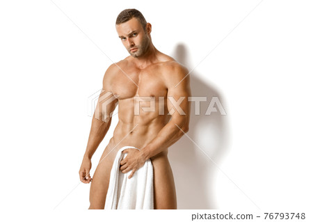 Sexy sport muscle fit strongface guy with white towel on whiteisolated  font background  76793748