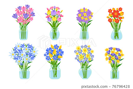 Fresh flowers bouquets glass jar water vector set Fresh flowers bouquets glass jar water vector set 76796428