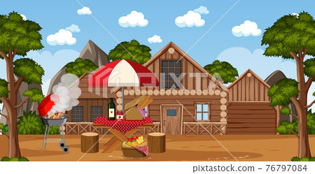 Picnic scene with food on the table and BBQ grill in the garden 76797084
