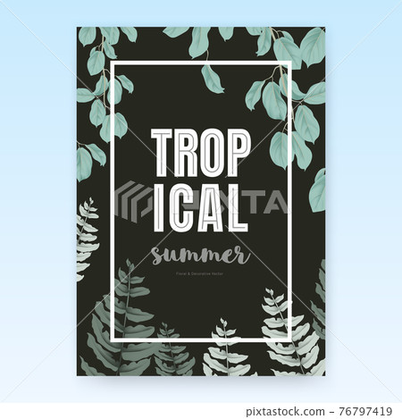 Summer poster template design, tropical green leaves on dark grey background, pastel vintage style Summer poster template design, tropical green leaves on dark grey background, pastel vintage style 76797419