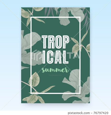 Summer poster template design, tropical green leaves on green background, pastel vintage style 76797420