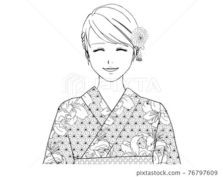 身著微笑浴衣的女性線描 上半身 前臉 插圖素材 圖庫