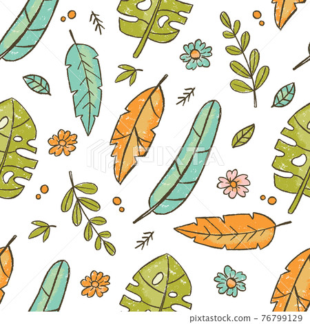 HAND DRAWN LEAVES ORANGE Tropical Nature Grunge Style Seamless Pattern Vector Illustration For Print 76799129