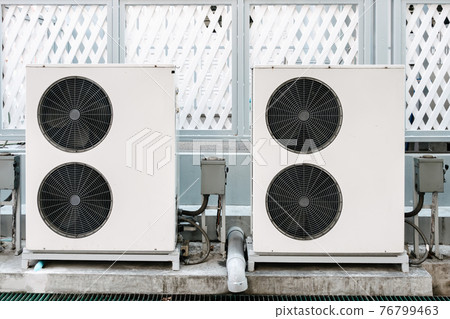 Cooling Air Condition Unit and Control System, Air Condenser Engine Station Outside Building of HVAC Systems. Electrical Compressor Fan Coil of Air Conditioning Equipment for Home Residential Units. 76799463
