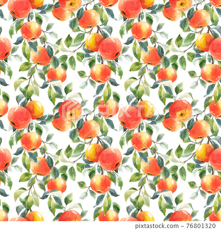 Beautiful seamless pattern with hand drawn watercolor tasty summer red apple fruits. Stock illustration. 76801320