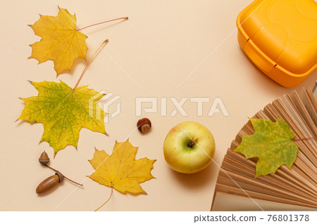 Ripe apple, lunchbox and dry leaves on a beige background, Top view. 76801378