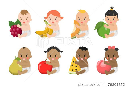 Cute baby with healthy vegetables and fruits, comic cartoon vector characters set Cute baby with healthy vegetables and fruits, comic cartoon vector characters set 76801852