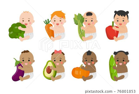 Cute baby with healthy vegetables and fruits, comic cartoon vector characters set Cute baby with healthy vegetables and fruits, comic cartoon vector characters set 76801853